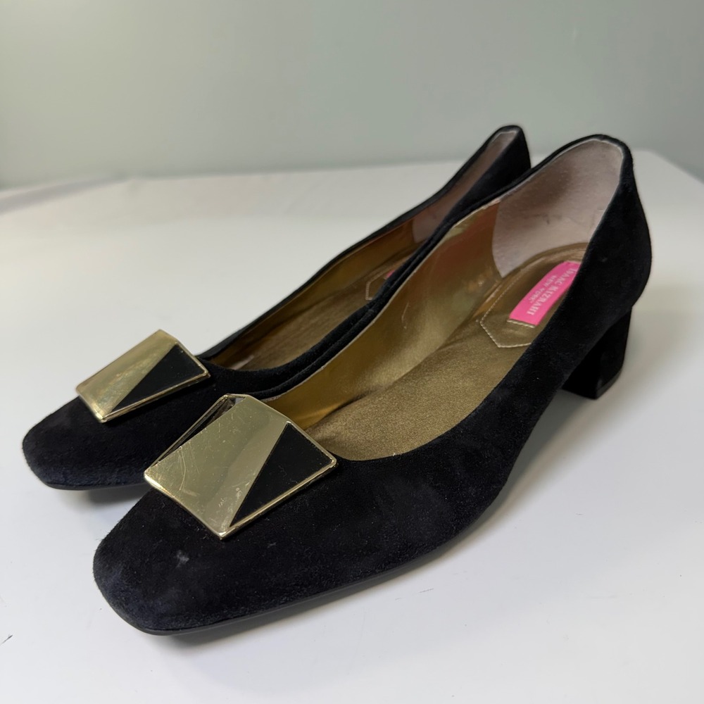Isaac Mizrahi New York‎ Black Suede Block Heel Pumps Square Toe Gold Buckle 9